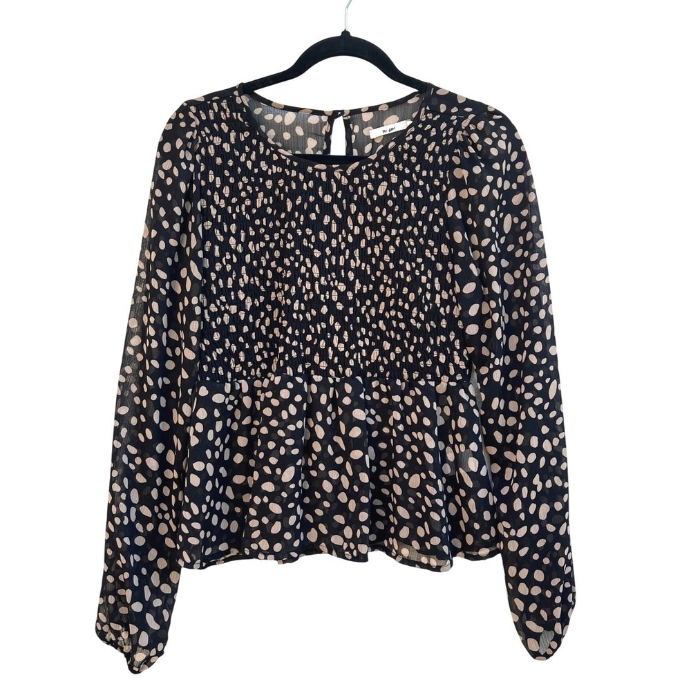 Mi Ami Peplum Blouse Large Black Tan Smocked Polka Dot Chiffon Romantic‎ Office